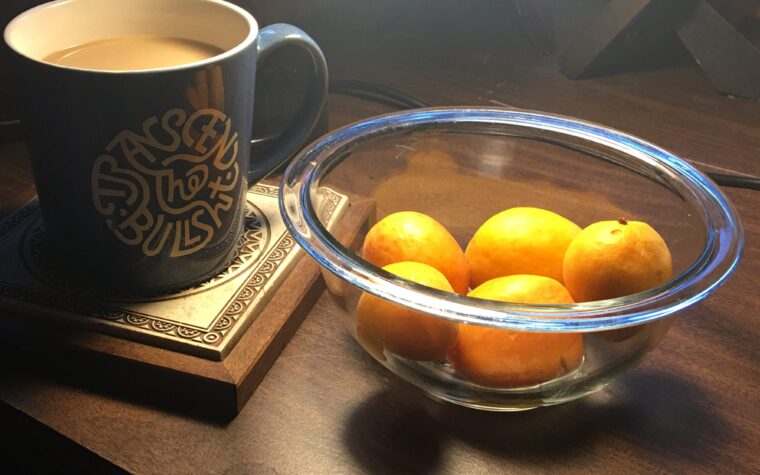 blue mug next to apricots